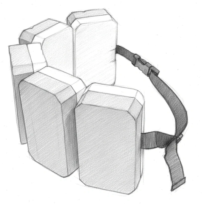 Pencil sketch of four foam blocks on a strap