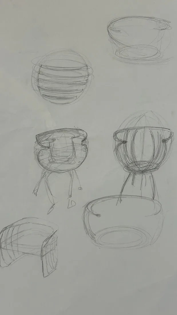 Pencil sketches of ribbed shell forms and chair frames