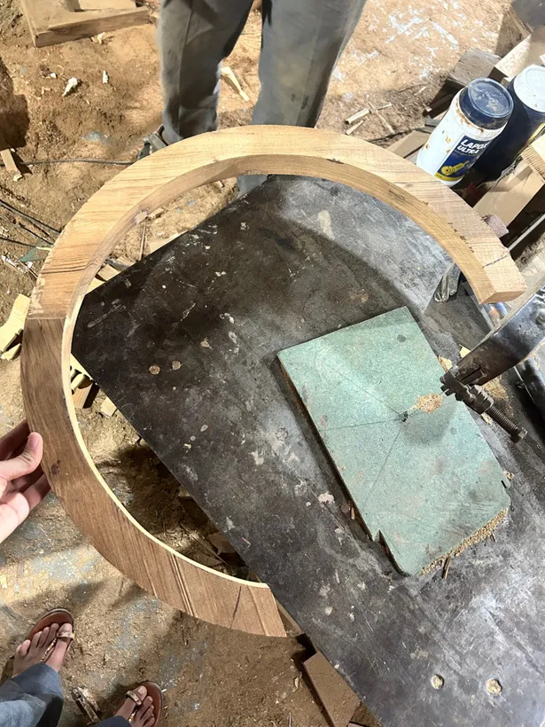 Teak ring being shaped in the workshop