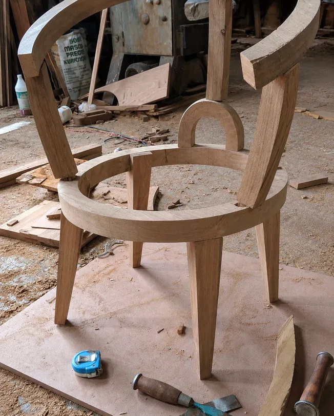 Assembled raw teak frame before polishing