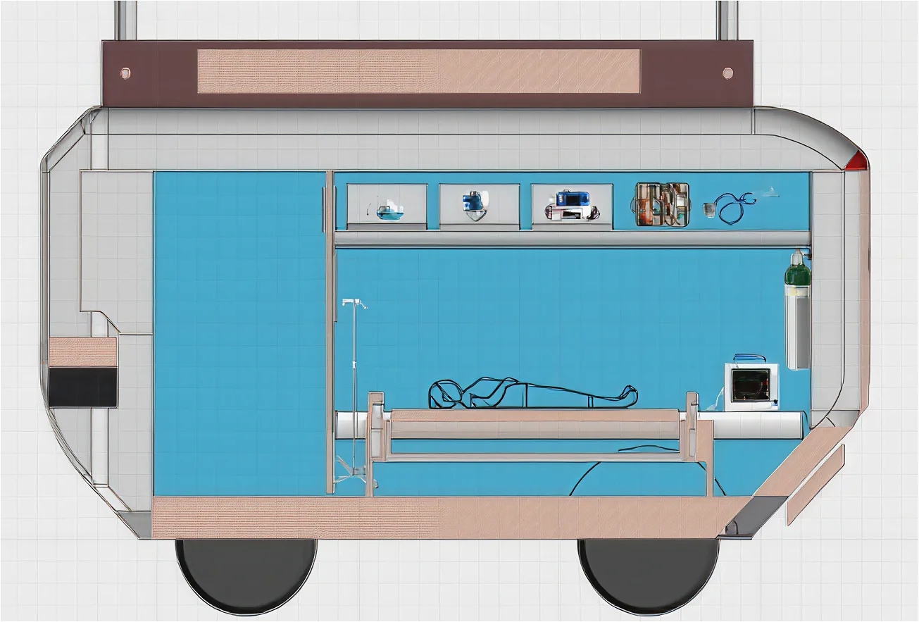 Cutaway of ECO’s interior: a stretcher with a patient, a monitor, an oxygen cylinder, an IV stand and a shelf of equipment