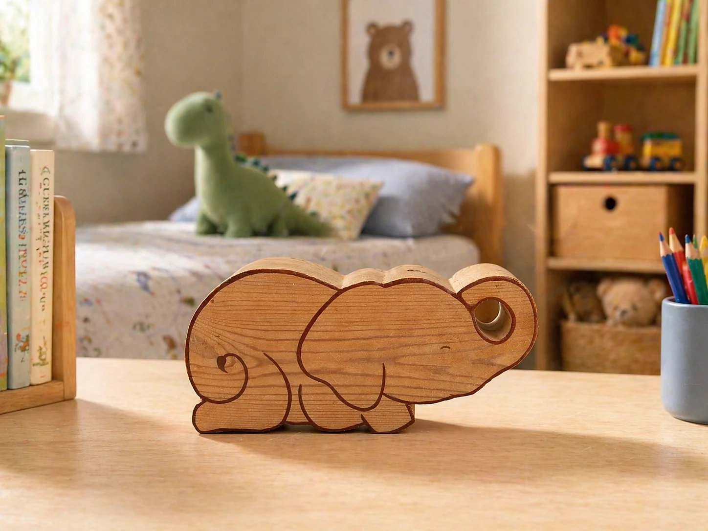 Ellie on a wooden desk in a child’s bedroom, with books, crayons and a soft toy dinosaur