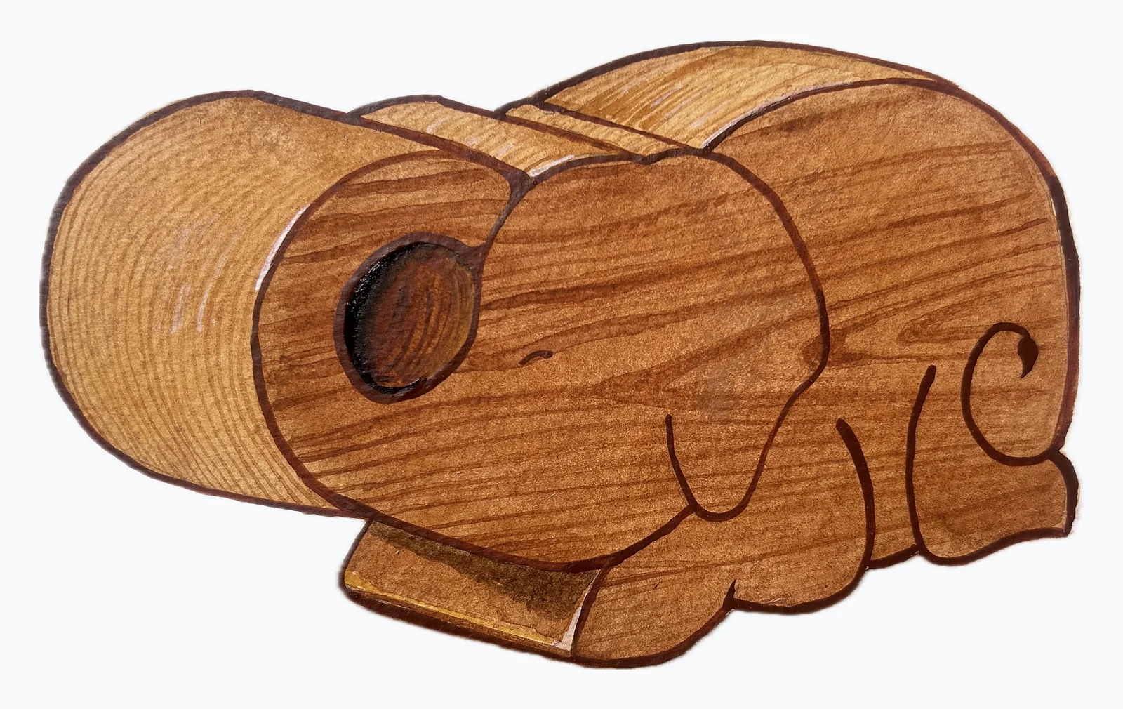 A painted illustration of Ellie from three-quarters, showing the thickness of the wood