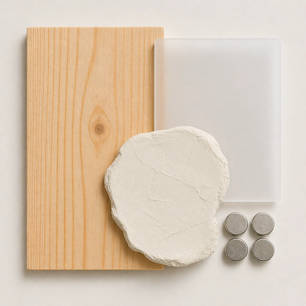 Materials laid flat: a pine board, white clay, a frosted sheet and four magnets