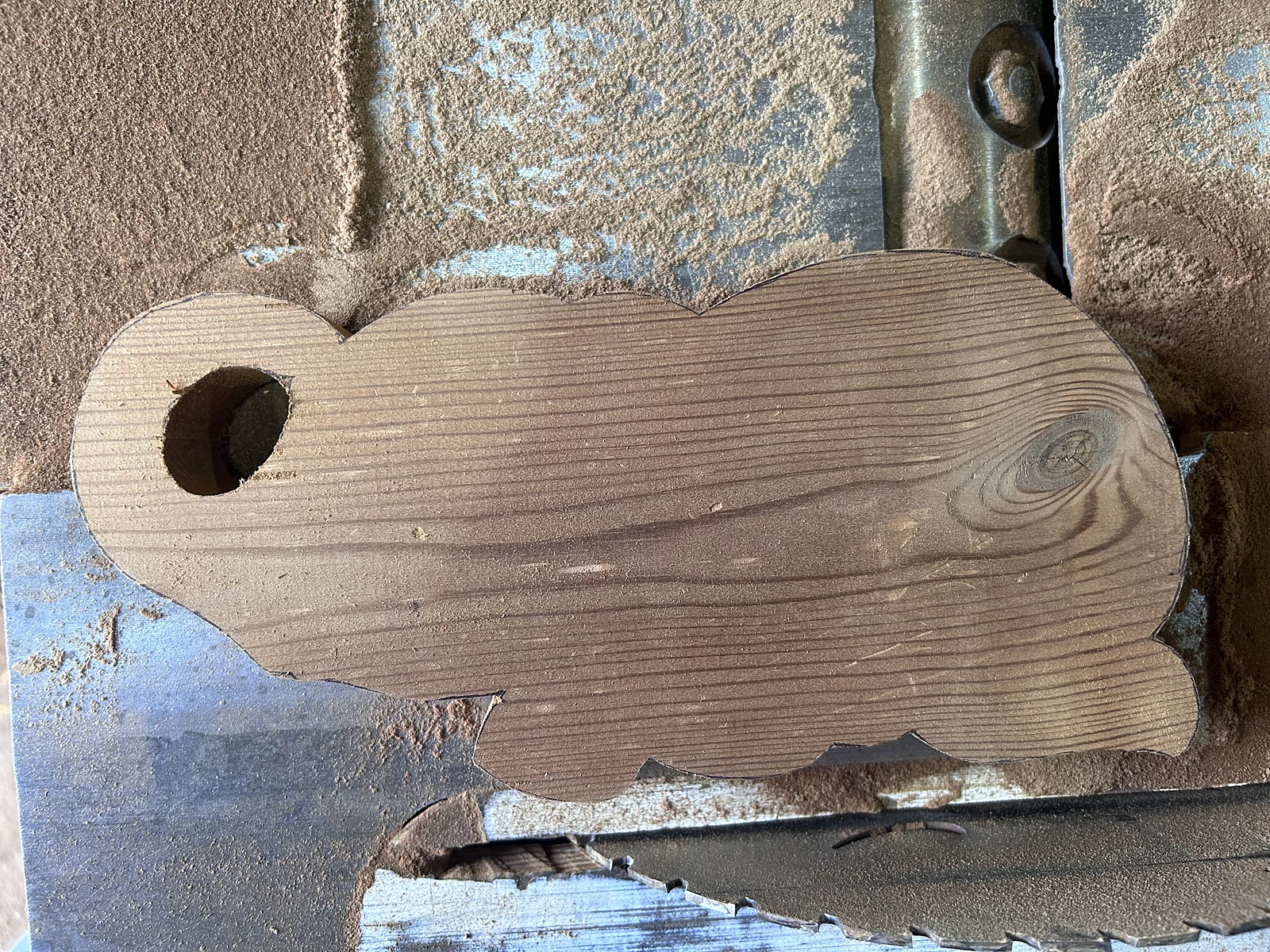 Ellie’s shape cut out of pine, on the workshop saw table