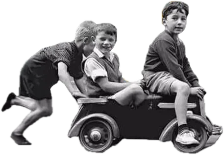 Collage: children pushing each other in a toy car