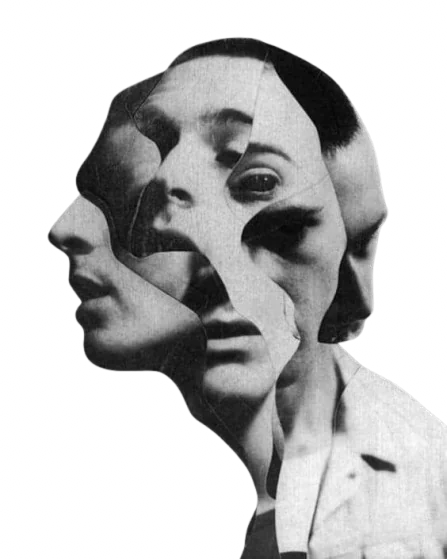 Collage: a face split into layered fragments