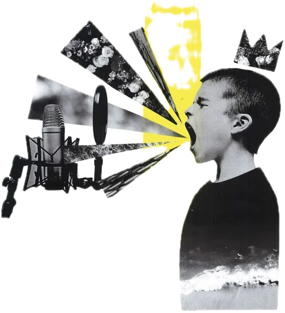 Collage: a boy shouting into a megaphone of scattered images