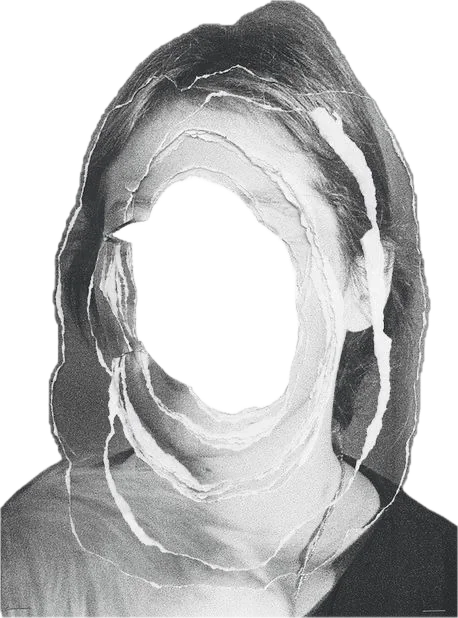 Collage: a face torn open at the centre