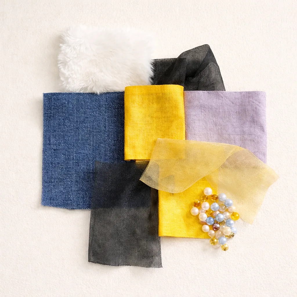 Fabric swatches: navy, yellow and lilac silks, black net, white fur and pearls