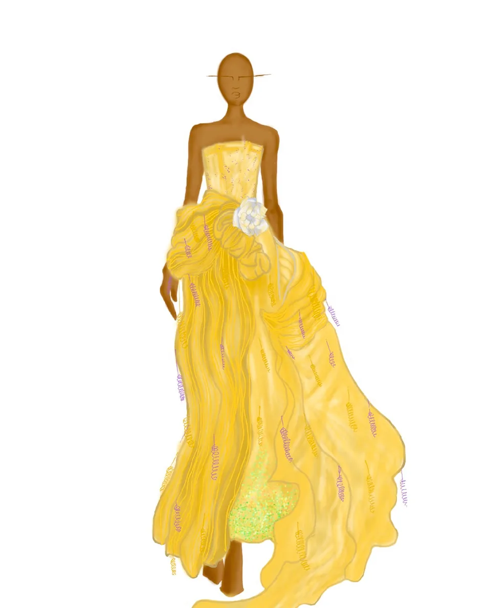 Illustration: a flowing yellow organza gown with a white flower at the waist