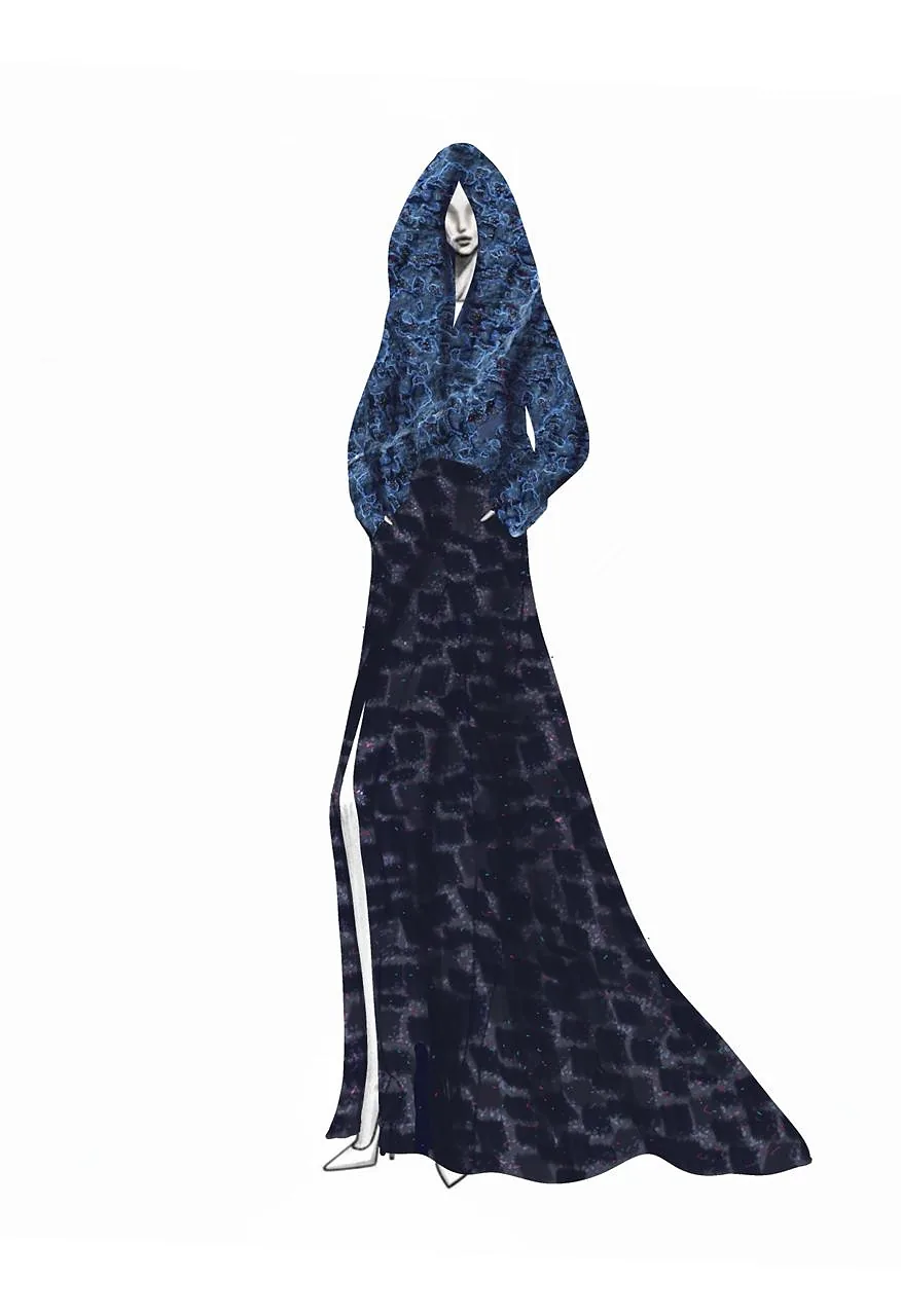 Illustration: a long navy hooded coat
